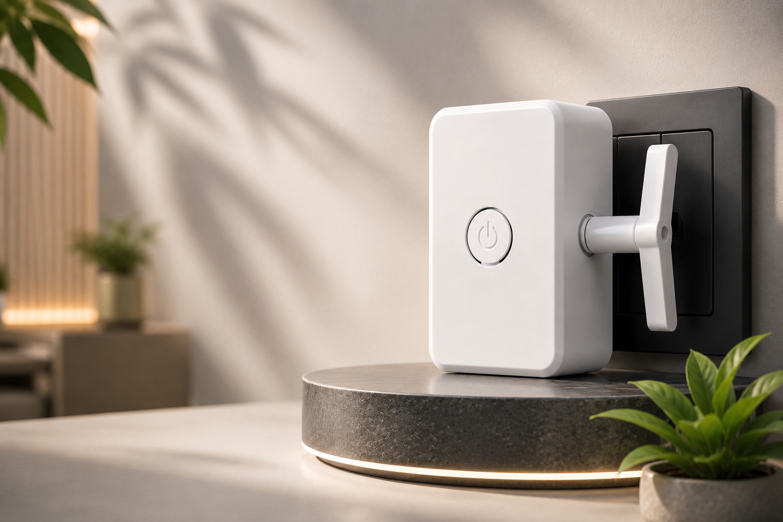 SwiftSwitch wireless smart switch clipped onto a wall light switch in a warm modern home