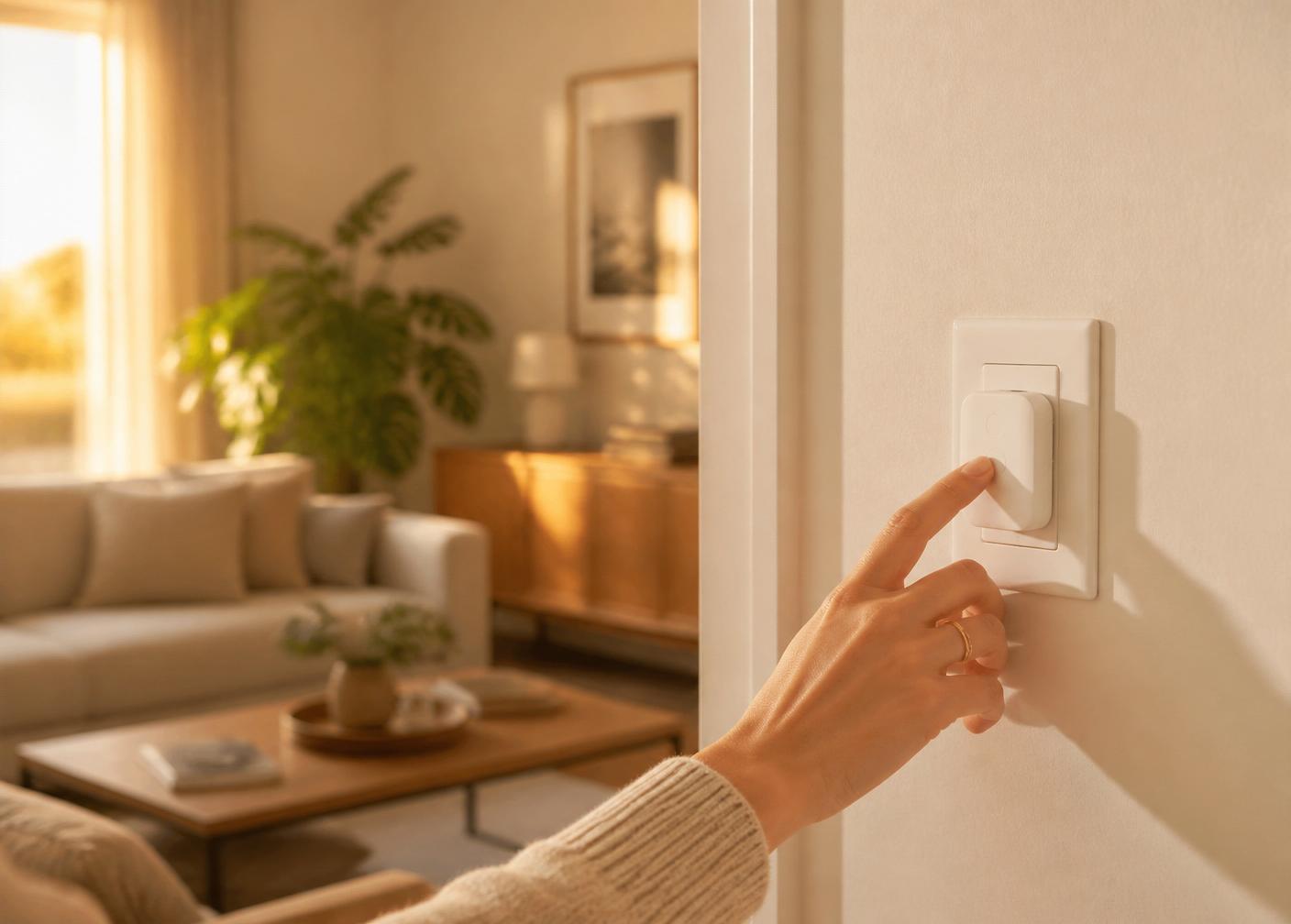 A hand pressing the SwiftSwitch remote button by a warm living room wall